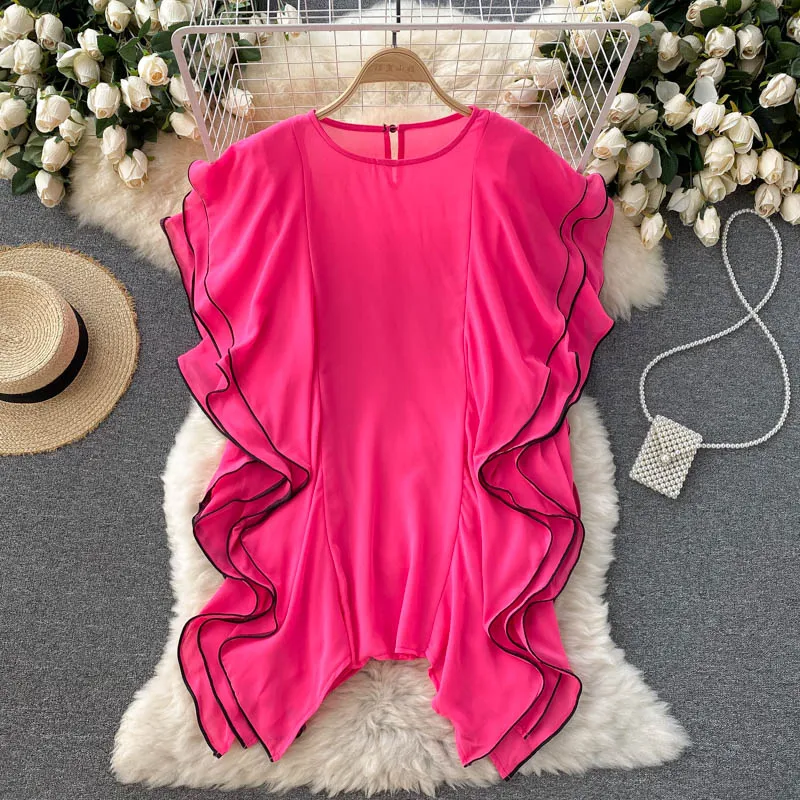

Summer New Chiffon Blouse Female Hit Color Edging Multi-layer Ruffled Blusa Loose Wild European and American Style Shirt KK504