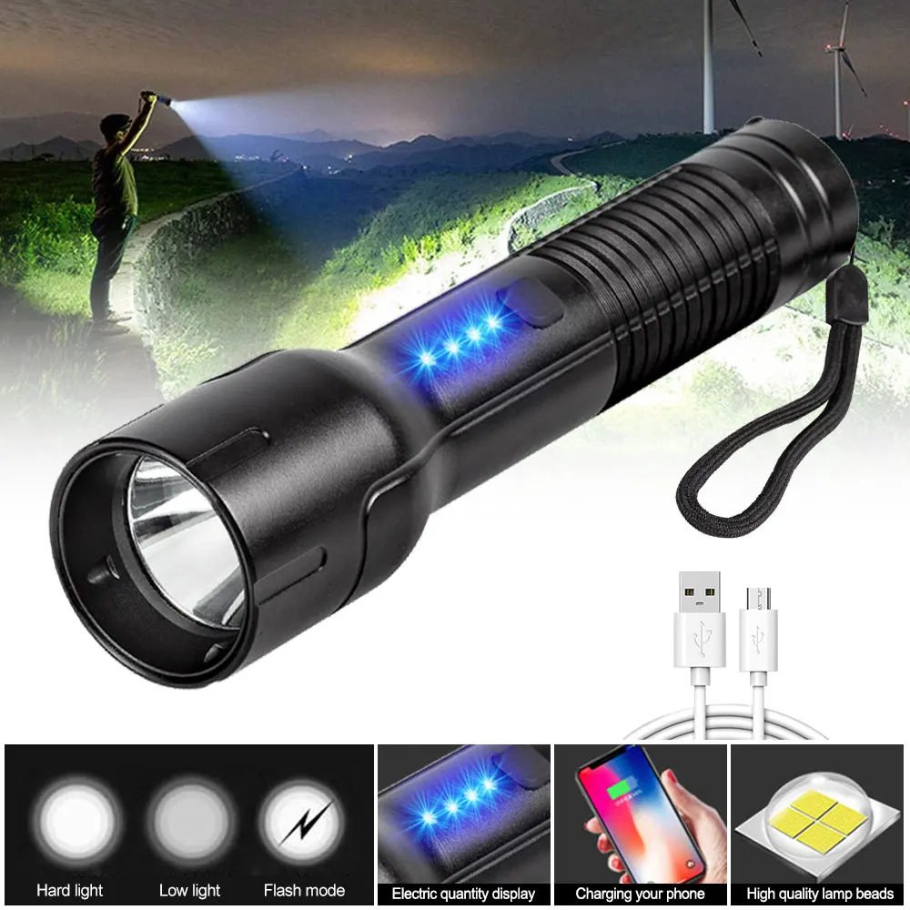 

Waterproof 1500LM LED Strong Light Flashlight USB Charging Torch 3 Lighting Modes Lantern with Power Display