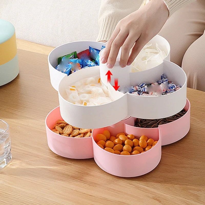 

Candy and Nut Container 6-Compartment Petal-Shaped Plastic Food Storage Lunch Double-Layer Storage Box with Lid