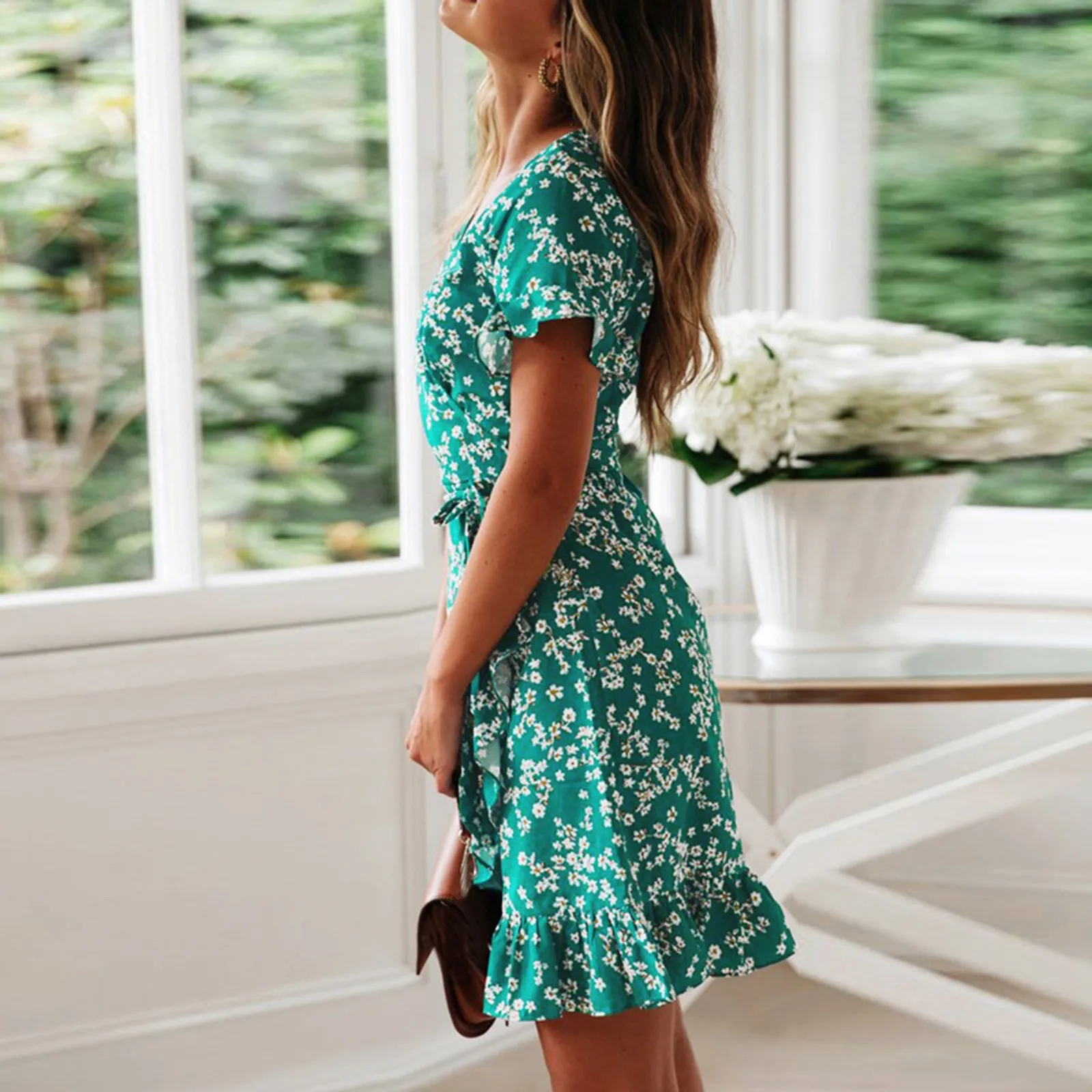 

Women Bohemian Print Sexy Dress 2021 Casual Butterfly Sleeve Ruffle Chiffon Club Party Dress Female Self Tie Wrap vestido trajes