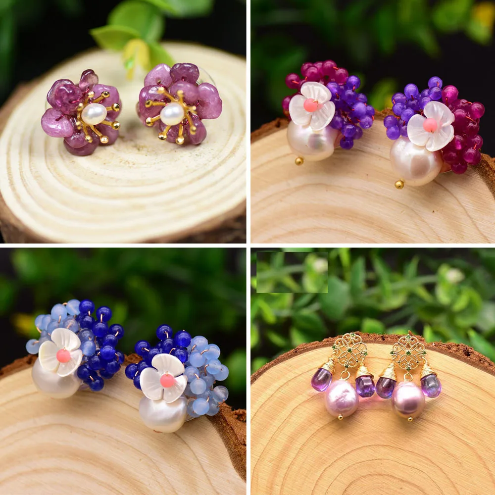 

Natural Freshwater Pearl Shell Flower Natural Purple Red Blue Stone Earrings For Women Big Stud Earrings Exquisite Fine Jewelry