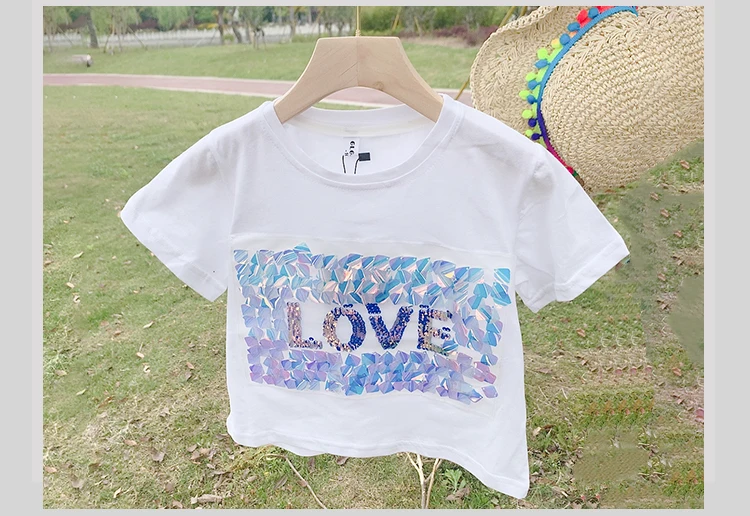 

Hot selling girls cotton t-shirt summer new fashion Sequins short sleeve Tees kids tops Sequins t-shirt ws1560
