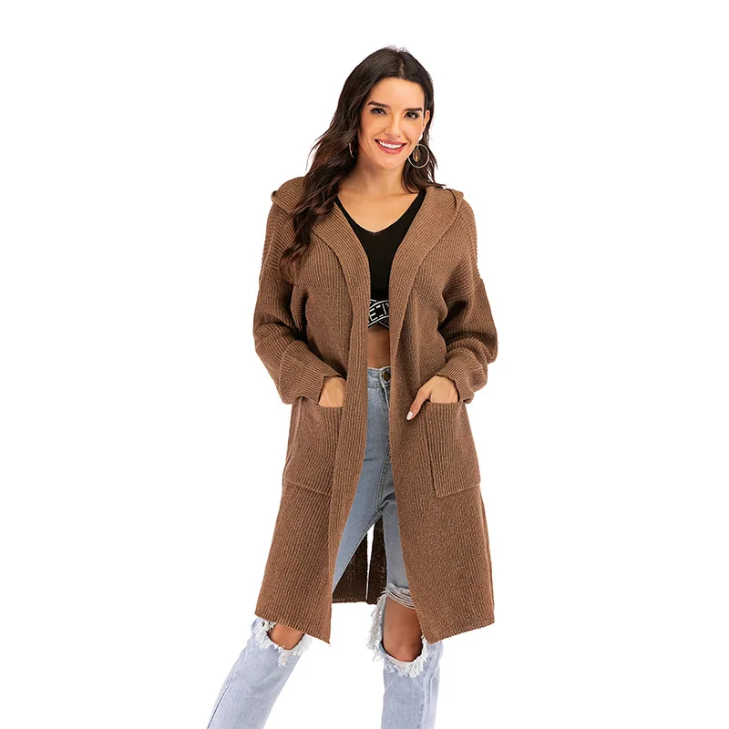 

2021 Spring Autumn Loose Women Cardigan Thin Knit Long Sweater B Coat Woman Hooded Vintage Long Sleeve Jumpers Female