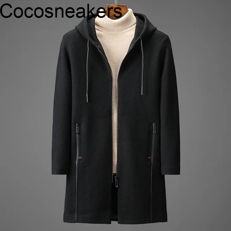

High grade stylish winter thickened warm medium and long hooded mink coat men's business casual wool coat