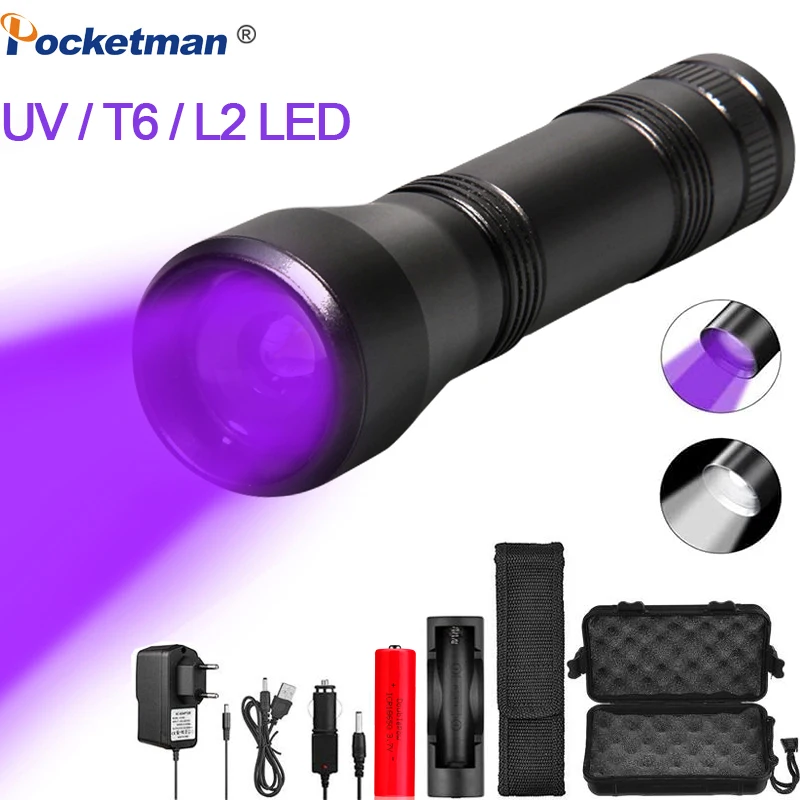 

5Mode Zoomable 395nm Blacklight by 18650 Battery Lums LED Lamp UV Flashlight UV Light L2/T6 white light LED Torch Light