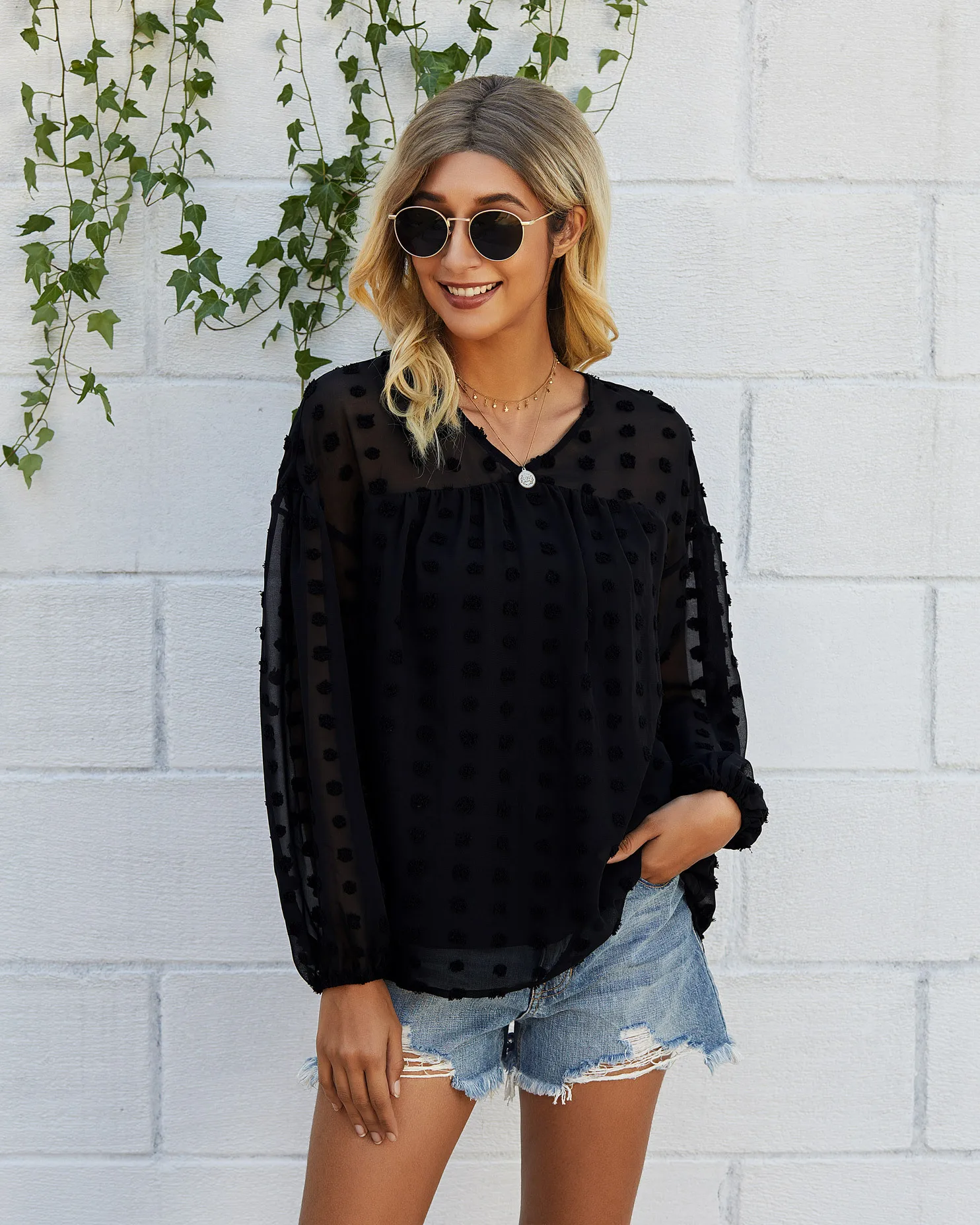 

Casual v-neck solid color long sleeve blouse for women