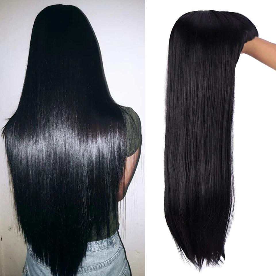 Длинные прямые черные волосы SHANGKE 24 дюйма с челкой Синтетический волос для женщин