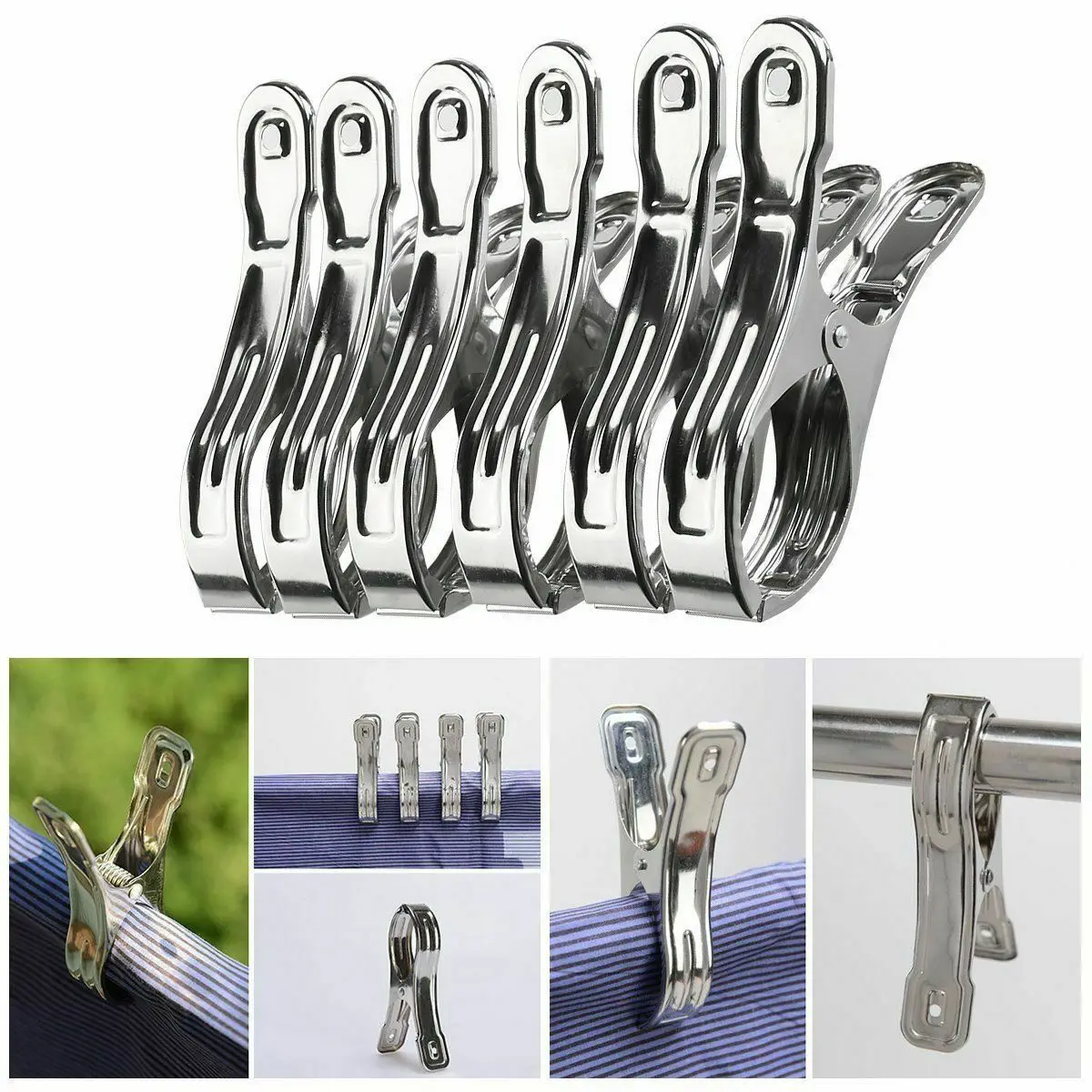 6pcs Stainless Steel Clothes Clamps Large Hanger Clips Laundrypins Beach Towel Clips Sunbed Sheet Drying Cleaning Accessories
