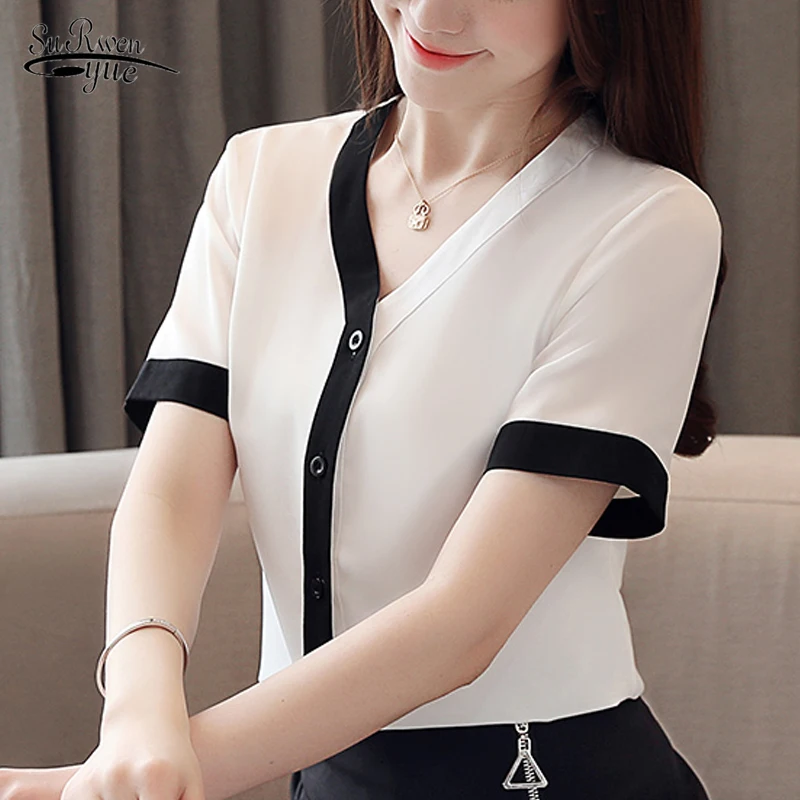 

Casual Short Sleeve Solid Shirt for Women White Chiffon Blouse 2020 Summer V Neck Women Tops Cardigan Blouse Blusas Mujer 9567