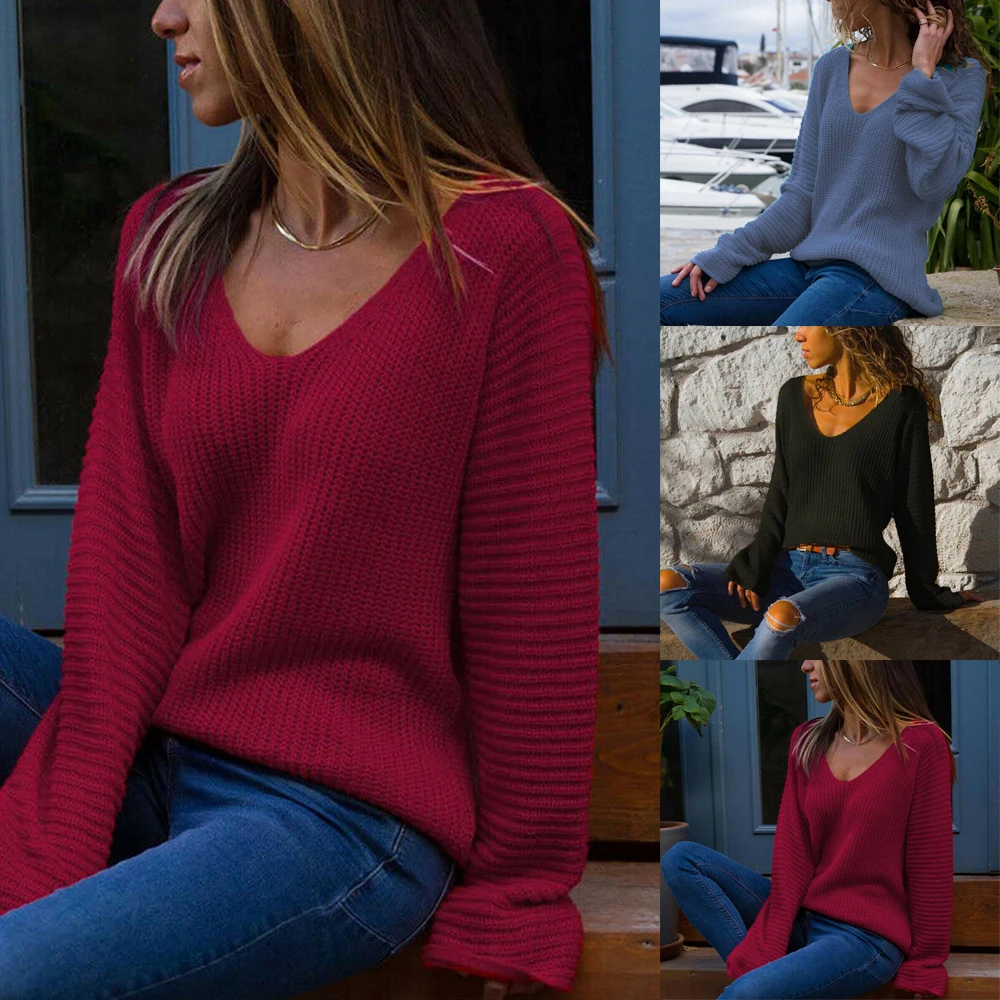 

Women Casual Loose Jumpers Fashion Warm Solid Color Basic V Neck Long Sleeve Female Knit Sweater Pullover Tops Ladies