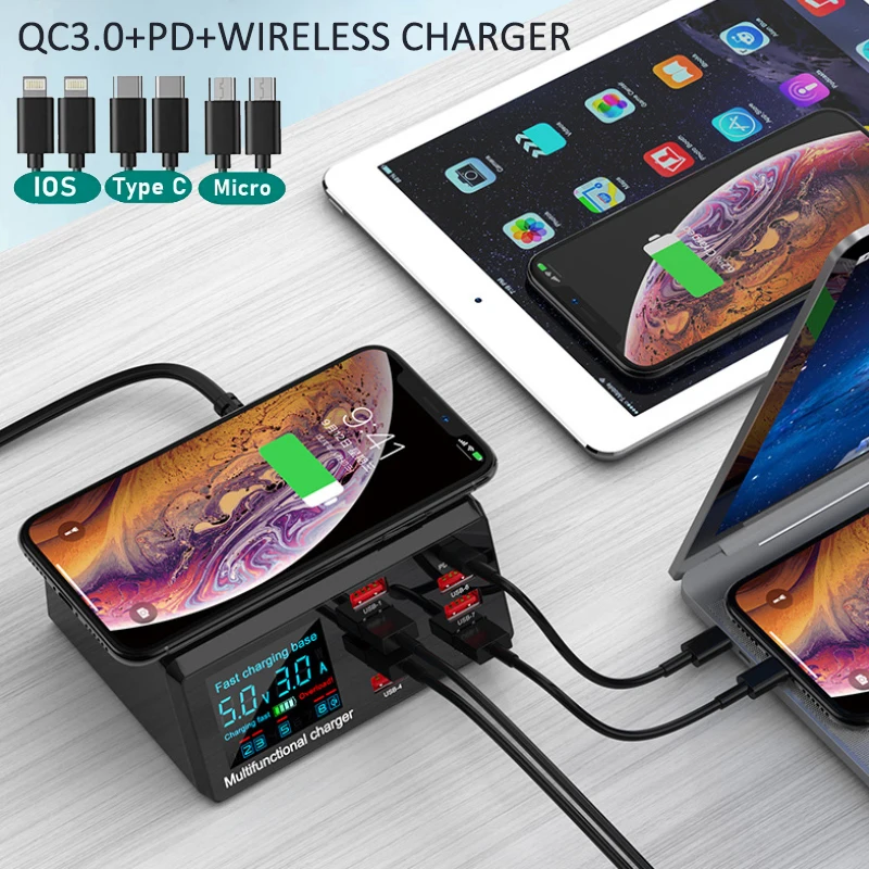 

8 Ports USB Wireless Charger with LCD Display Universal QC 3.0+PD Charging Dock Station Cell Phone Fast Charger Accessories