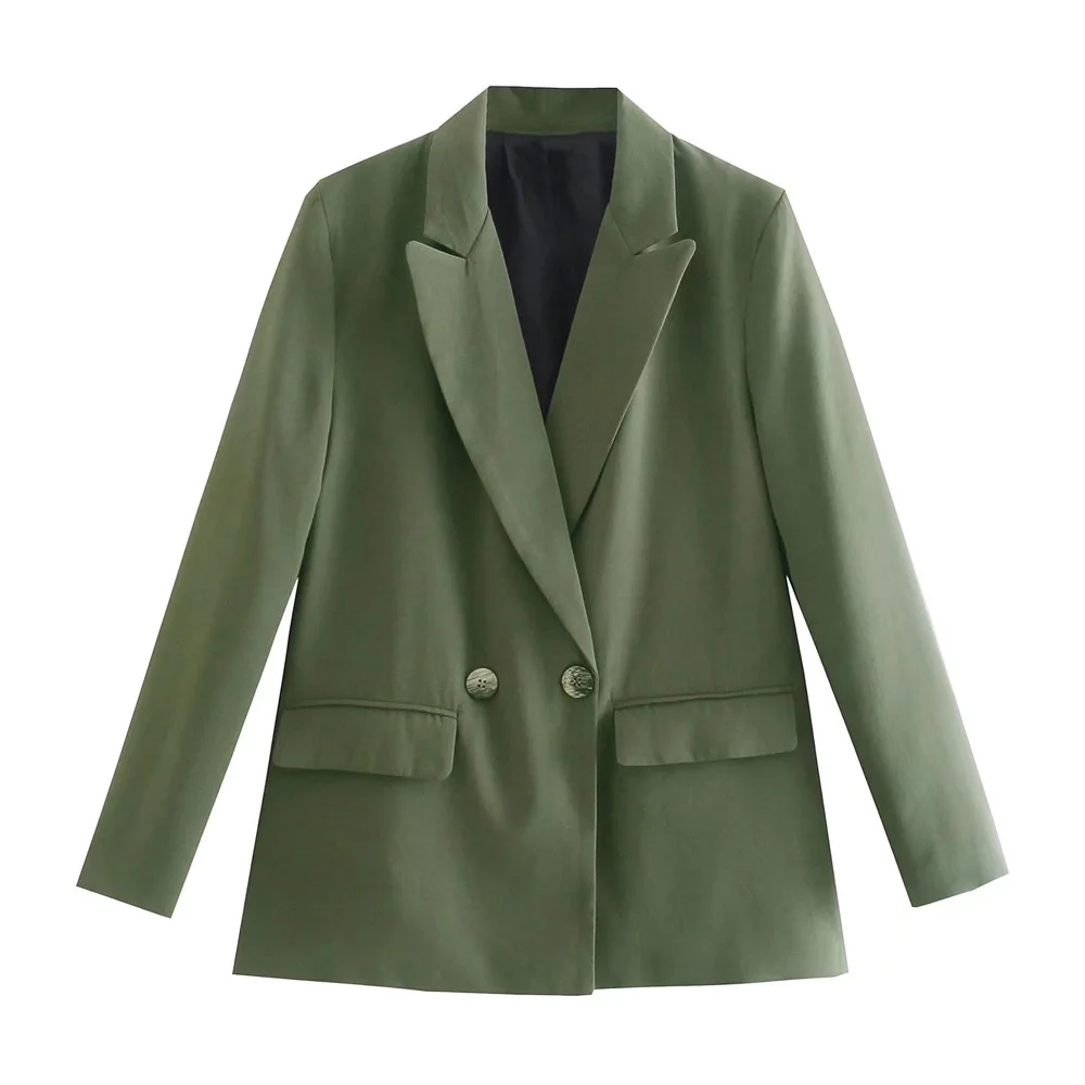 

Women Fashion Double Breasted Office Wear Blazer Coat Vintage Long Sleeve Flap Pockets Female Outerwear Chic Veste