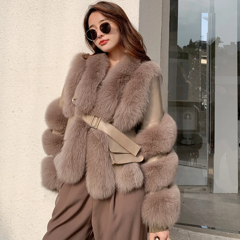 

2021 Winter New Imported Whole Skin Fox Fur Coat Short Female Splicing Sheep Skin Motorcycle Fashion Overcoat Jackets Women