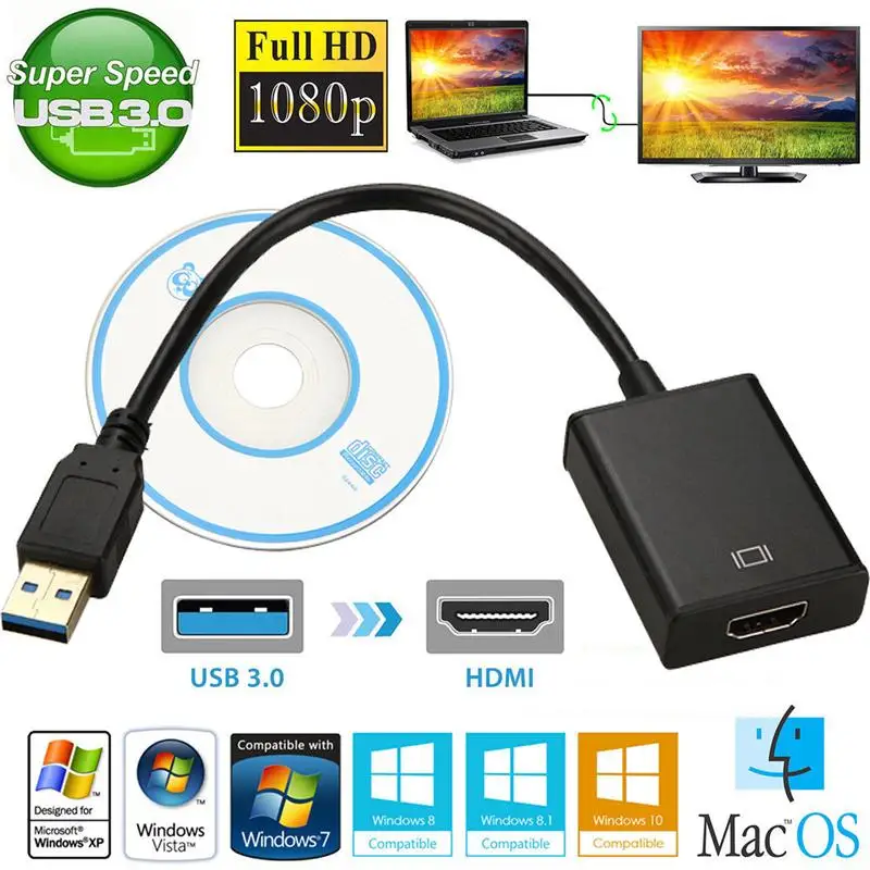 Видеоадаптер с USB 3,0 на HDMI, полный преобразователь 1080P для компьютера, ноутбука, внешняя видеокарта, линия преобразования