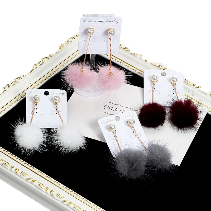 1 пара модные милые длинные висячие серьги с помпоном из кроличьего меха перьями