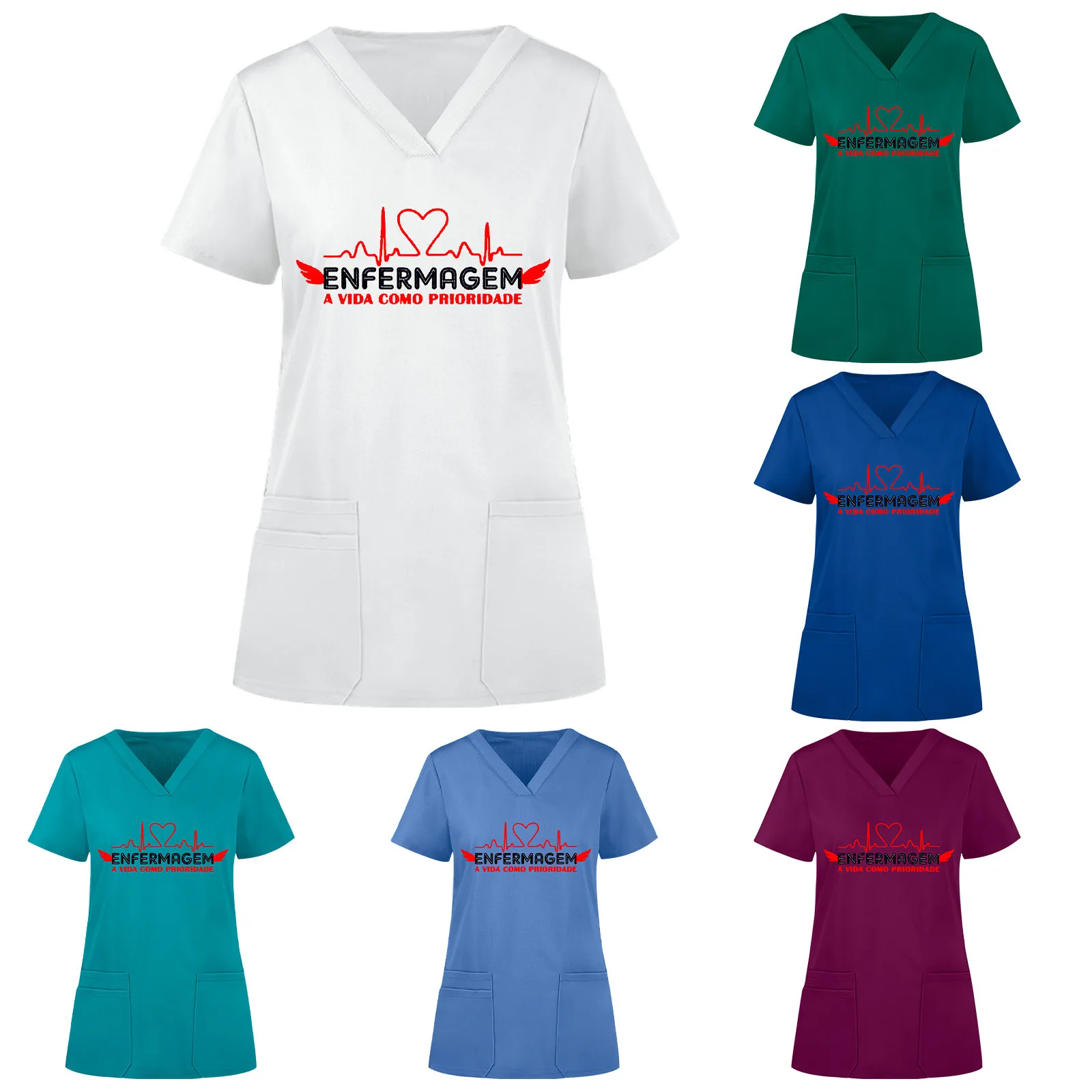 

Nurse Nursing Shirt Work Clothes Heart Printed Scrubs Women Short Sleeve V-neck Tops Nurse Uniform Blouse A50