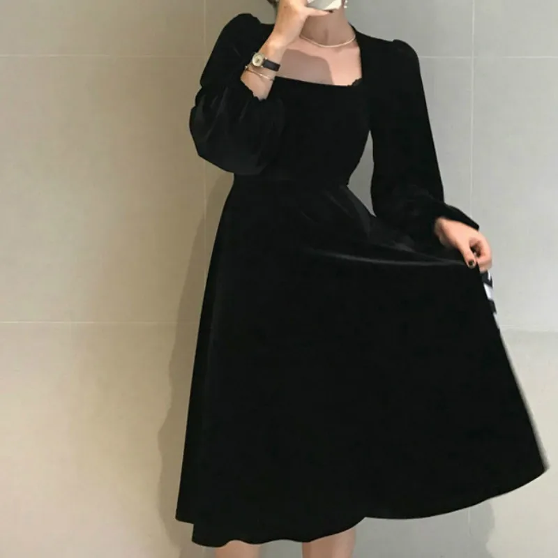 

Fall Women Vintage Square Collar Velour Dress Puff Long Sleeve Dresses 2023 Korean Elegant Black Clothes Spring Vestidos Femme