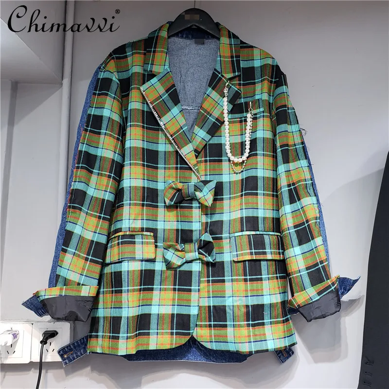 

High Street Elegant New Women's Beading Bow Denim Stitching Plaid Loose Casual Suit All-matching Notched Slim Blazer