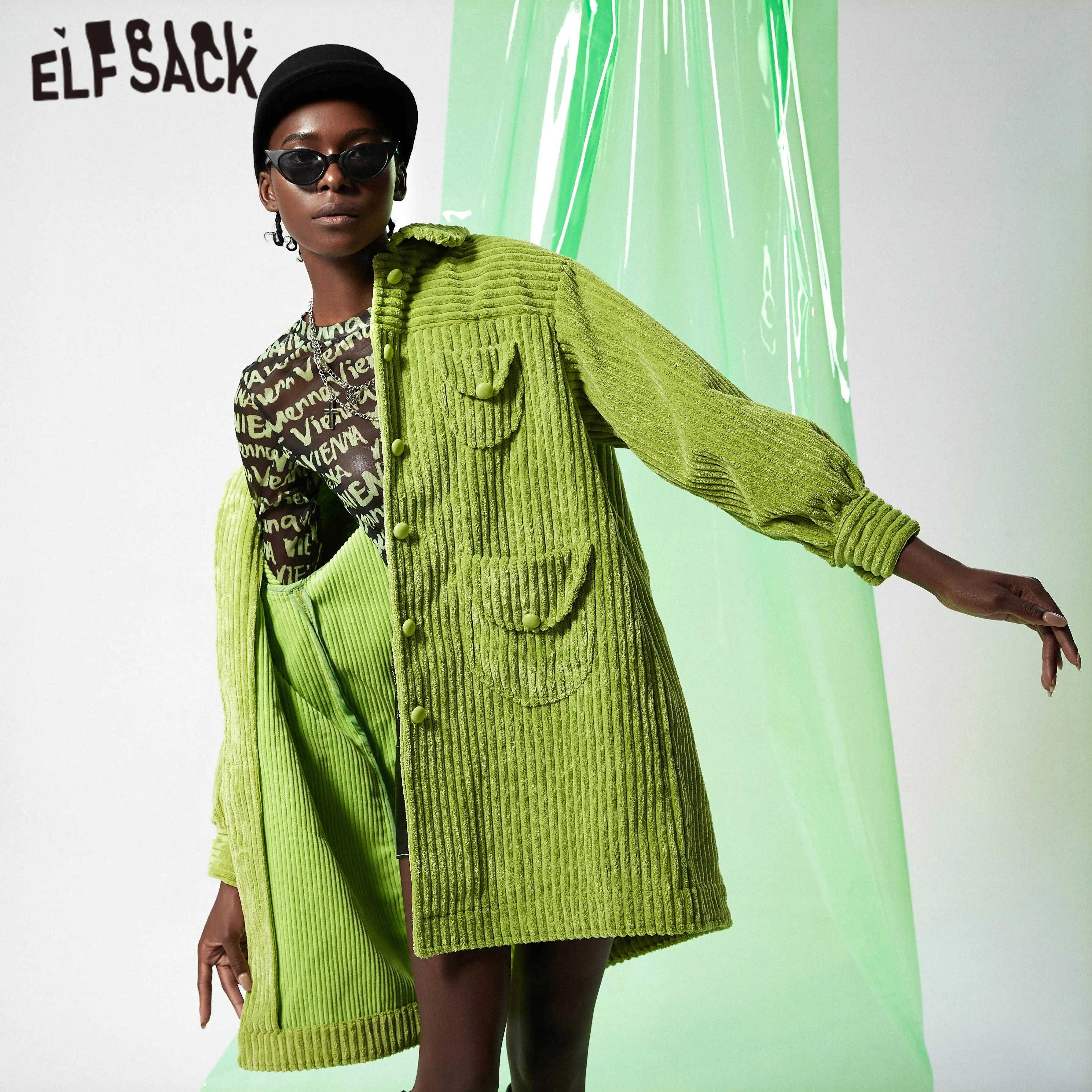 Женский однобортный Тренч ELFSACK зеленый однотонный офисный пиджак с карманами и