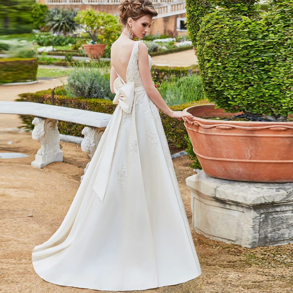 

Vestidos Elegant Wedding Dresses Satin Appliques Sashes Pleat Bows O-Neck Sleeveless Backless A-Line Bridal Gowns