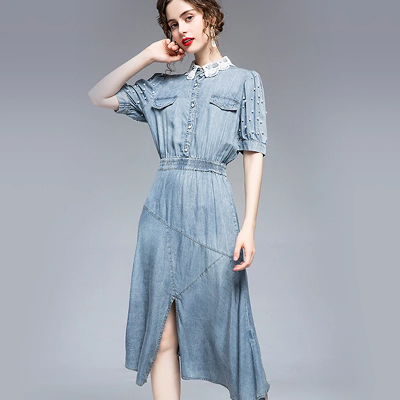 

New Denim Dress Women Spring Summer 2021 Fashion Elegant Lace Patchwork Embroidered Flares Empire Waist Irregular Long Dress