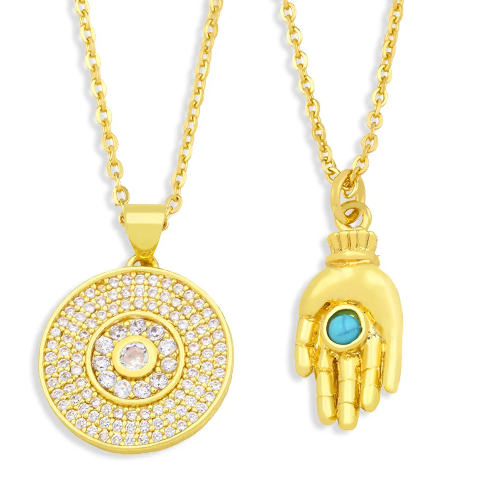 

Gold Plated Clavicle Chain Fatima Hand Hamsa Blue Evil Eye Necklace For Women Crystal Pave Zircon Round Coin Choker Jewelry Gift