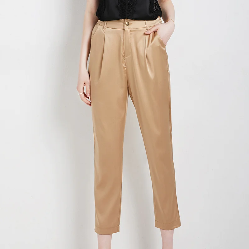 

Mulberry silk pants summer women's fashion light weight fabrics mulberry silk loose slim ankle-length trousers women 20123