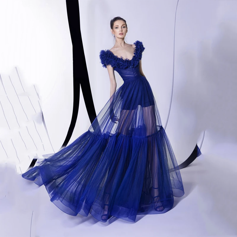 

Blue Charming Sexy Elegant Prom Dresses Tulle Ruffles Sweetheart Long A-Line Women Evening Party Gowns Plus Size Custom Made