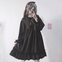 japanese black gothic chiffon dress women vintage bow bandage lace ruffles party dresses vestidos girl sweet long sleeve dress