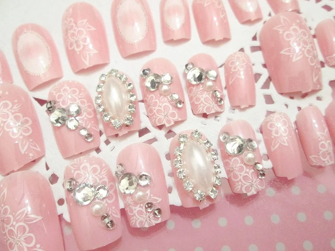 

High Quality Fashion Glamour Pearl Bridal Pink False Nail Pieces Rhinestone Embellishment Decorative False Nails 24pcs/box