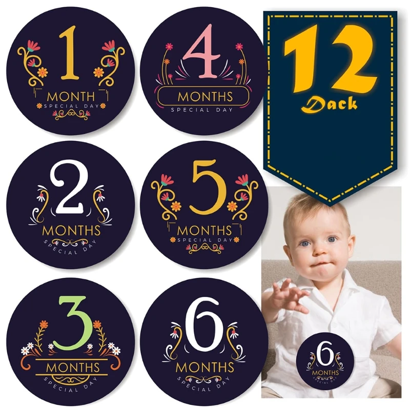 

12 Pcs/Set Baby Pregnant Monthly Stickers Floral Memory Recording Milestone Sticker Newborn Growth Photography Props
