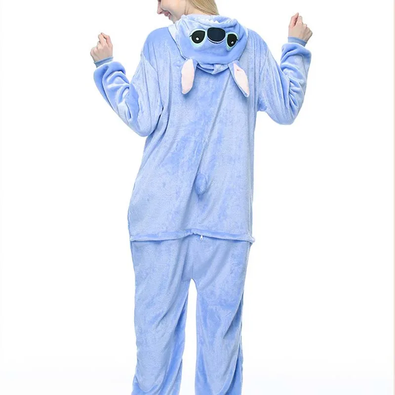 Blue Cartoon Animal One-Piece Pajamas For Adult Winter Flannel Women Home Hooded Onesies Cosplay Christmas Halloween Costume