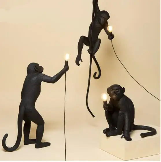 Современный черный лампа в форме обезьяны смолы пеньковая веревка Seletti белый