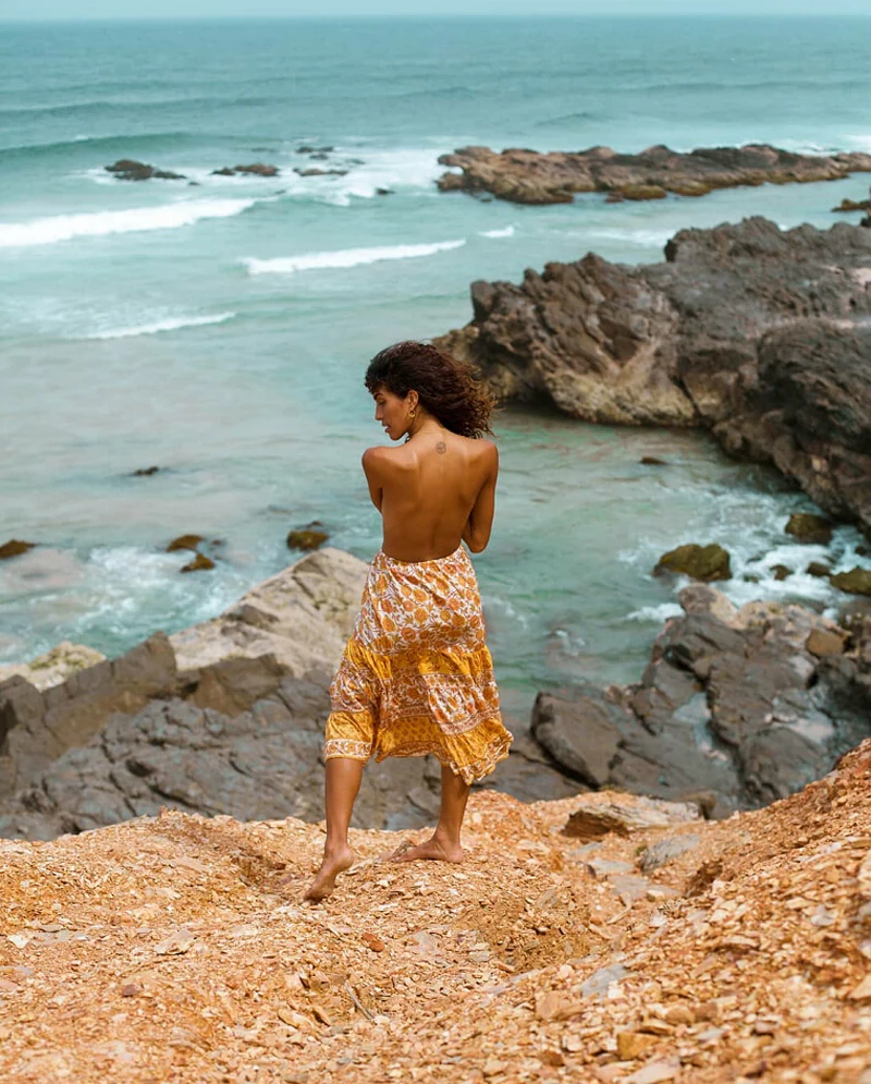 Женская длинная юбка в стиле бохо TEELYNN желтая летняя из вискозы с цветочным