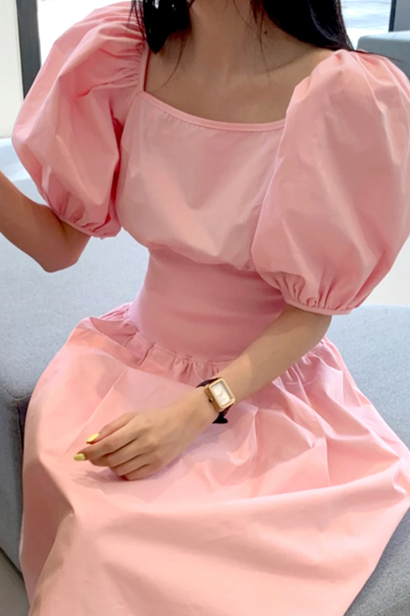 

Pink Dress Sweet Square Neck Puff Sleeve Backless Maxi Dresses for Women Party Chic Casual Outfits French Style Vestidos XC796