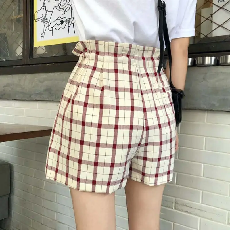 

New Summer Women High Waist Plaid Shorts Elastic Loose Shorts Streetwears Female Fashion comfortable Shorts