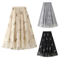 female long skirt summer butterfly embroidery high waist skirt a line dress for women blackgrayapricot