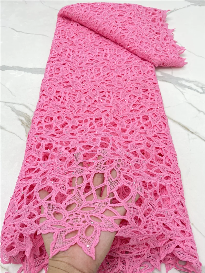 

PGC Pink 2021 High Quality African Lace Fabric With Stones Water Soluble Guipure Cord Laces For Wedding Party Sewing YA4581B-3