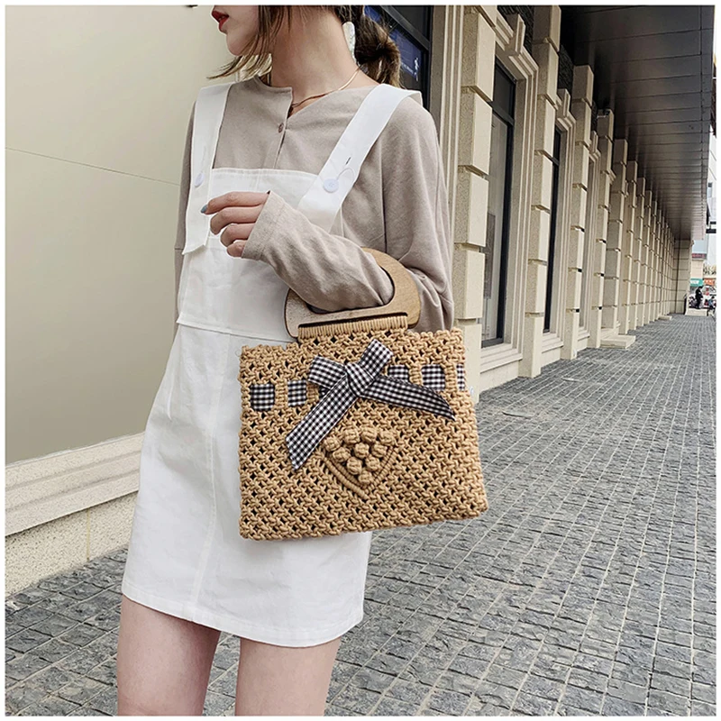 

Bohemian Women's Cotton Rope Woven Handbags Summer Straw Beach Bag Bowknot Female Tote Bag Fashion Brand Designer Shopper Purse