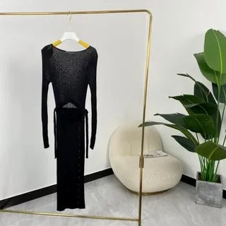 

High Quality Summer Women Fashion Black O-neck Long Sleeves Mid-calf Dresses