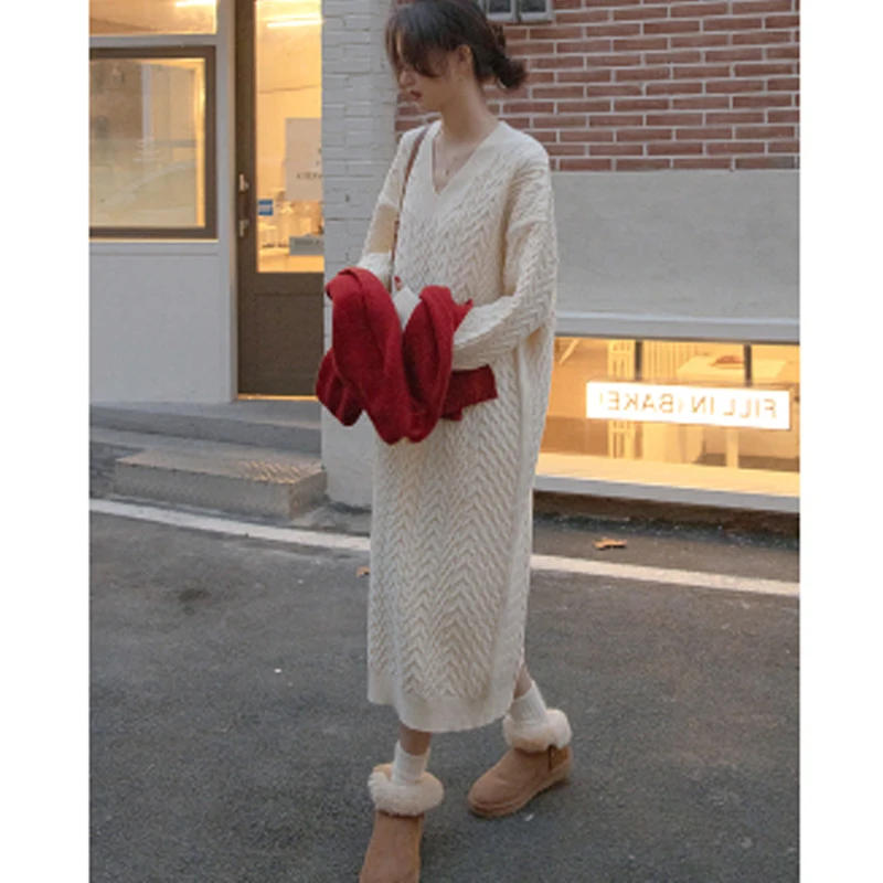 

Плотное серое теплое платье-джемпер с V-образным вырезом, модель 2022 года, однотонное Повседневное платье-свитер, Женское зимнее вязаное свободное платье в Корейском стиле