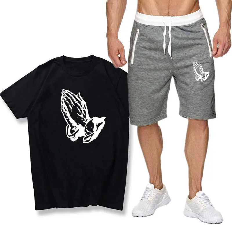 

men clothing off white Prayer Hand TShirt family tracksuit men Two Piece Set short Sleeve short Tops And middle Waist Shorts