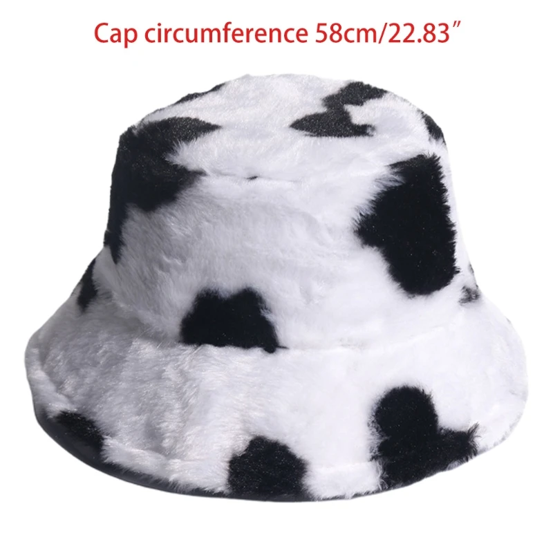 

Women Winter Warm Thicken Fluffy Plush Bucket Hat Vintage Milk Cow Printed Wide Brim Sunscreen Packable Panama Fisherman Cap