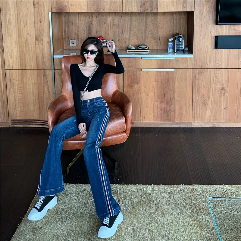 

2021 New Retro Striped Wide Leg Women's Jeans Women's Pants Loose Korean Style High Waist Button Zipper Blue Jeans