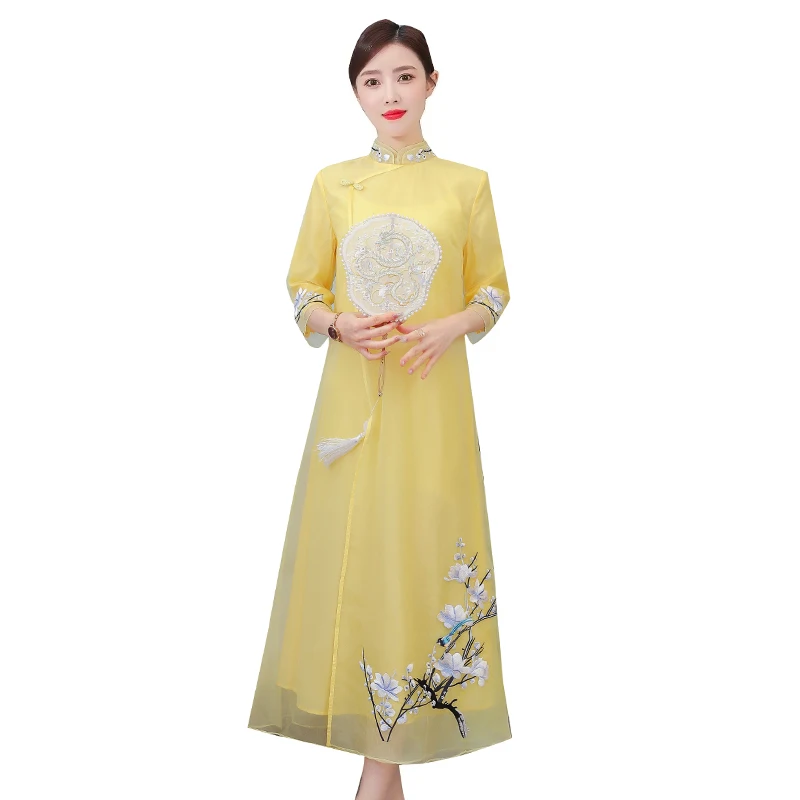 

Women Dress Summer 2021 Office Lady Cheongsam Vintage Three Quarter Sleeve Embroidery Stand Neck High Waist Blue Yellow Dresses