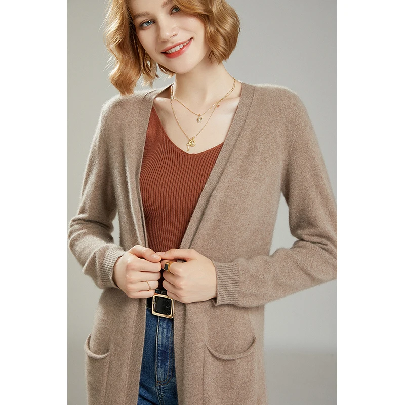 Women Jackets 100% Pure Cashmere Knitwears Winter 2021 Vneck Long Sweaters Ladies 5Colors Soft Fashion Cardigans