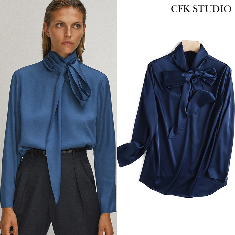 Женская Осенняя блузка с бантом на воротнике однотонная шелковая рубашка