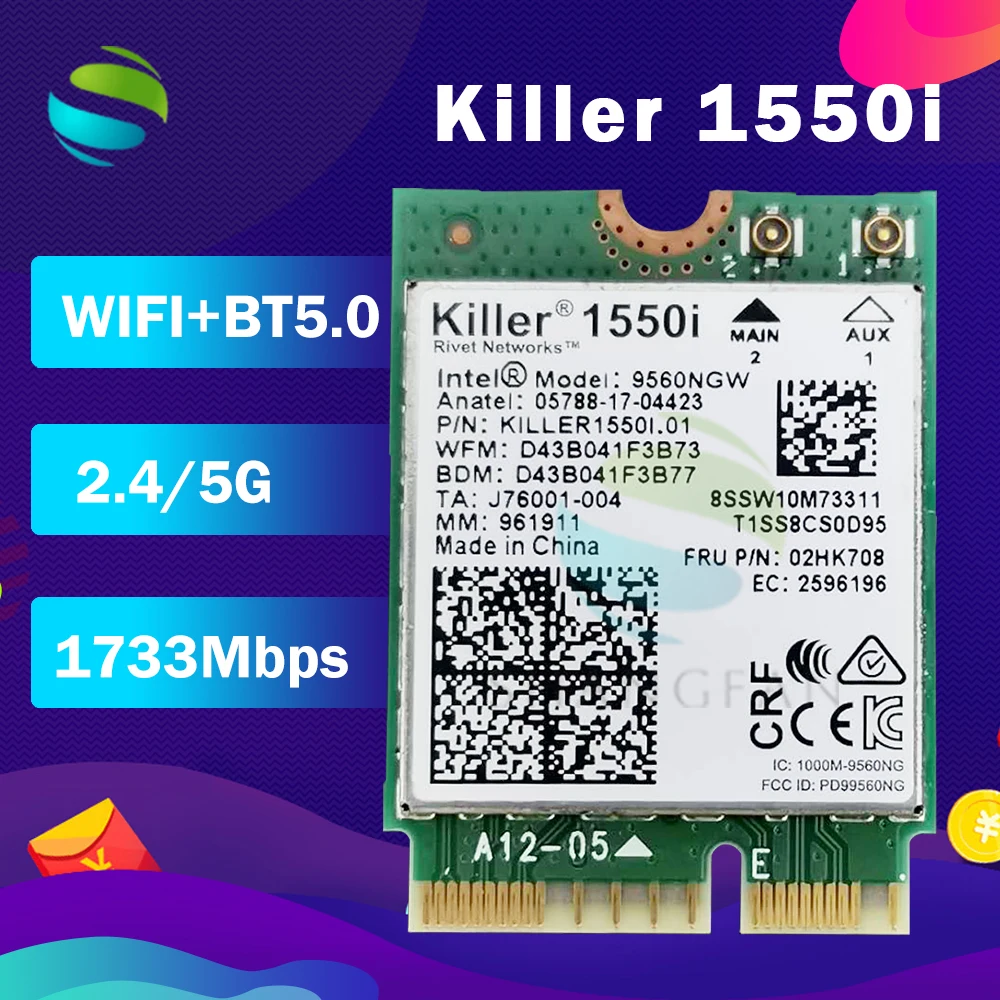 

Killer 1550i AC Dual Band 1.73Gbps Wireless 9560NGW NGFF Key E Wifi Card 9560AC 802.11ac Bluetooth 5.0 Laptop for Windows 10