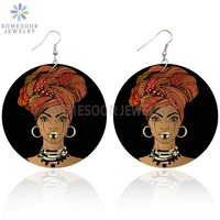 somesoor afrocentric fabric headwrap woman painted black artstic natural wood drop earrings 6cm big loops jewelry for women gift