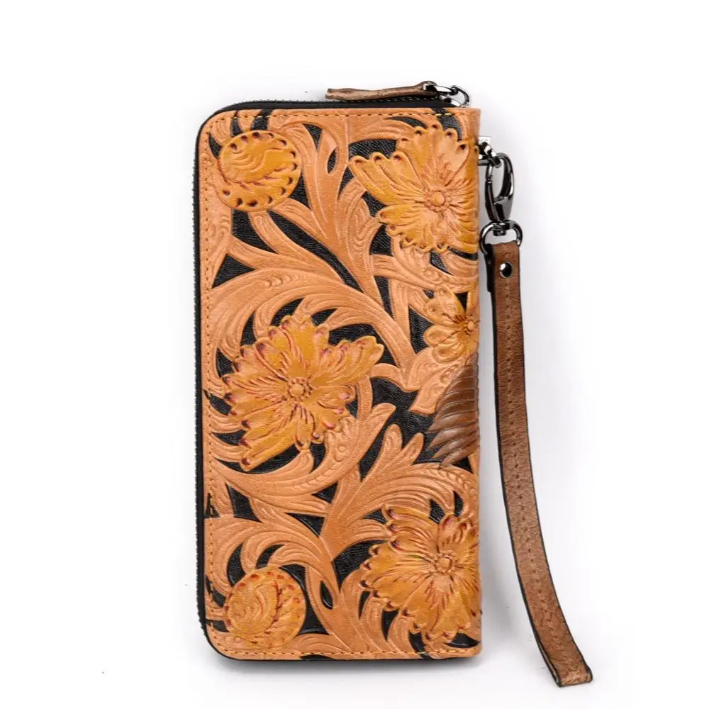 

New Retro Embossing Floral Long Leisure Genuine Leather Womens Wallets And Purses Hand Wallet Large Clutch Wallet